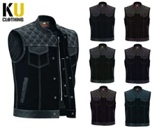 Men's Diamond Quilted Leather Denim Vest Biker Club Sons of Anarchy Style Rider