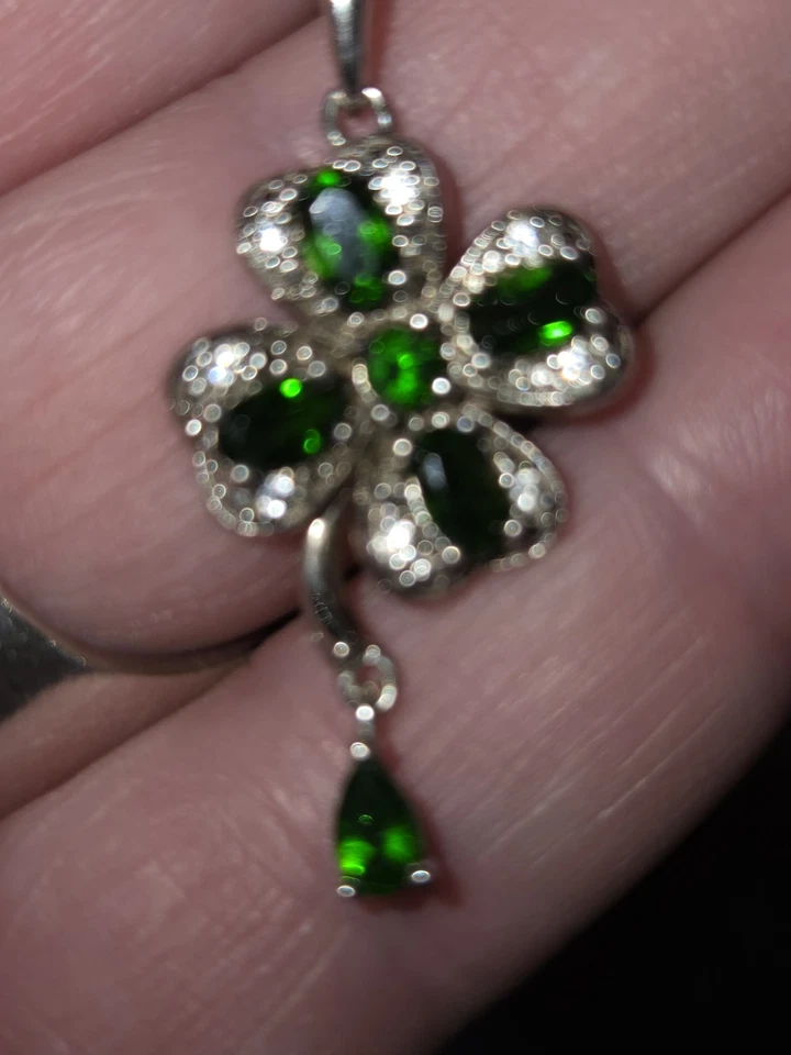Russian Chrome Diopside 4 Leaf Clover Charm With Dangle 925 W/ Singapore Chain - Image 2 of 4