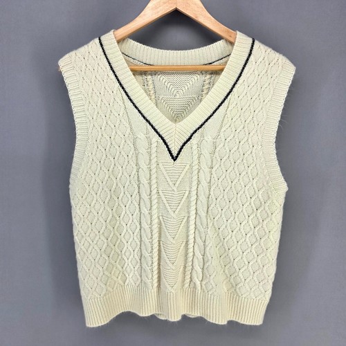 SHEIN Sweater Vest Women XS Cream Cable Knit V-Neck Preppy Academic Sleeveless