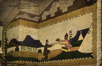 Panel Scene Corn Palace Mitchell South Dakota ~ 1940s postcard ~ Indian tepee