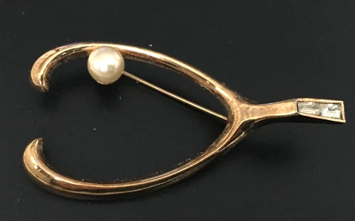 Vintage Brooch Pin SIGNED TRIFARI Wish Bone Rhinestone Gold tone Jewelry lot x