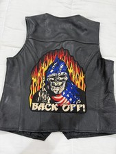 Vintage Black Leather Motorcycle Vest FMC Back Off Grim Reaper Patch Size M