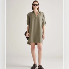 Quince Women Vintage Wash Tencel Roll Sleeve Tunic Dress Olive Sz XL Minimalist
