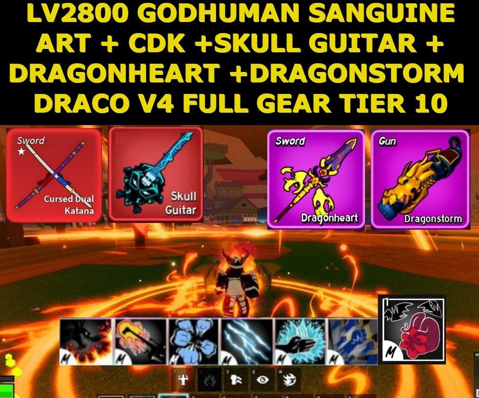 Blox Fruit LV2800 DRACO V4 Full Gear SANGUINE CDK Skull Guitar DRAGONHEART/STORM