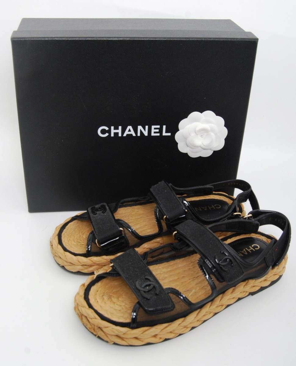 CHANEL Dad Sandals 22P Black Raffia Mesh Leather Shoes CC