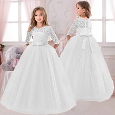 White Bridemaid Girl Dresses Bow Party Wedding Ball Gown Tulle Princess Dress