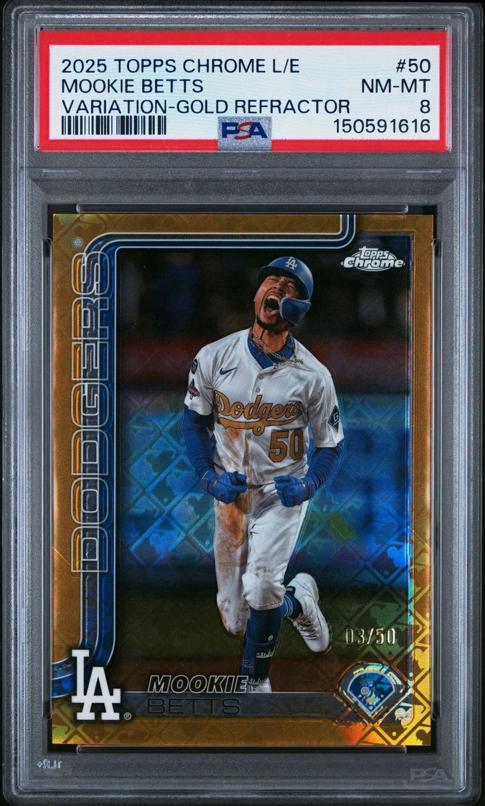 2025 Topps Chrome LE Mookie Betts Image Variation Gold Refractor /50 PSA 8 view 1