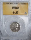 🔥Beautiful🔥 1938 25C Silver Washington Quarter ANACS AU 55 *Polished*Details*