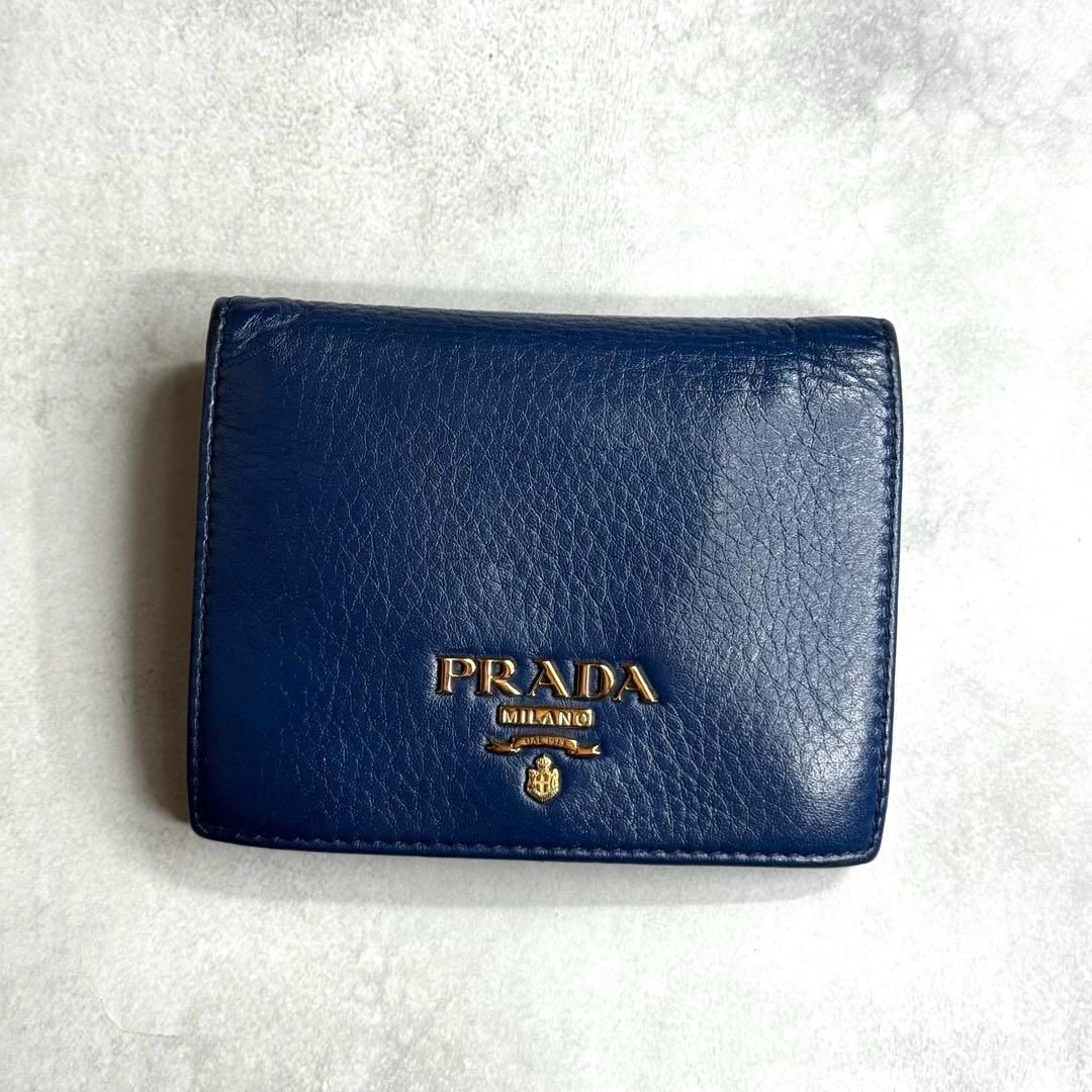 PRADA Vitello Grain Compact Wallet Bi fold Wallet Grain Leather Blue Gold VITELL