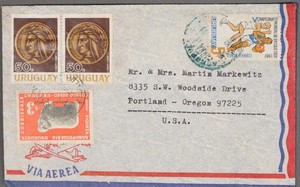 MayfairStamps Uruguay Pair Coins 50c to Portland OR Air Mail Cover cca_00393
