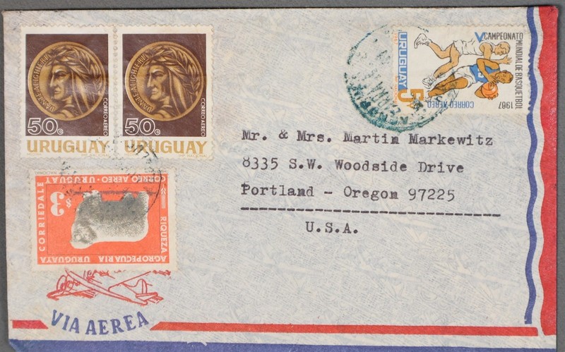 MayfairStamps Uruguay Pair Coins 50c to Portland OR Air Mail Cover cca_00393