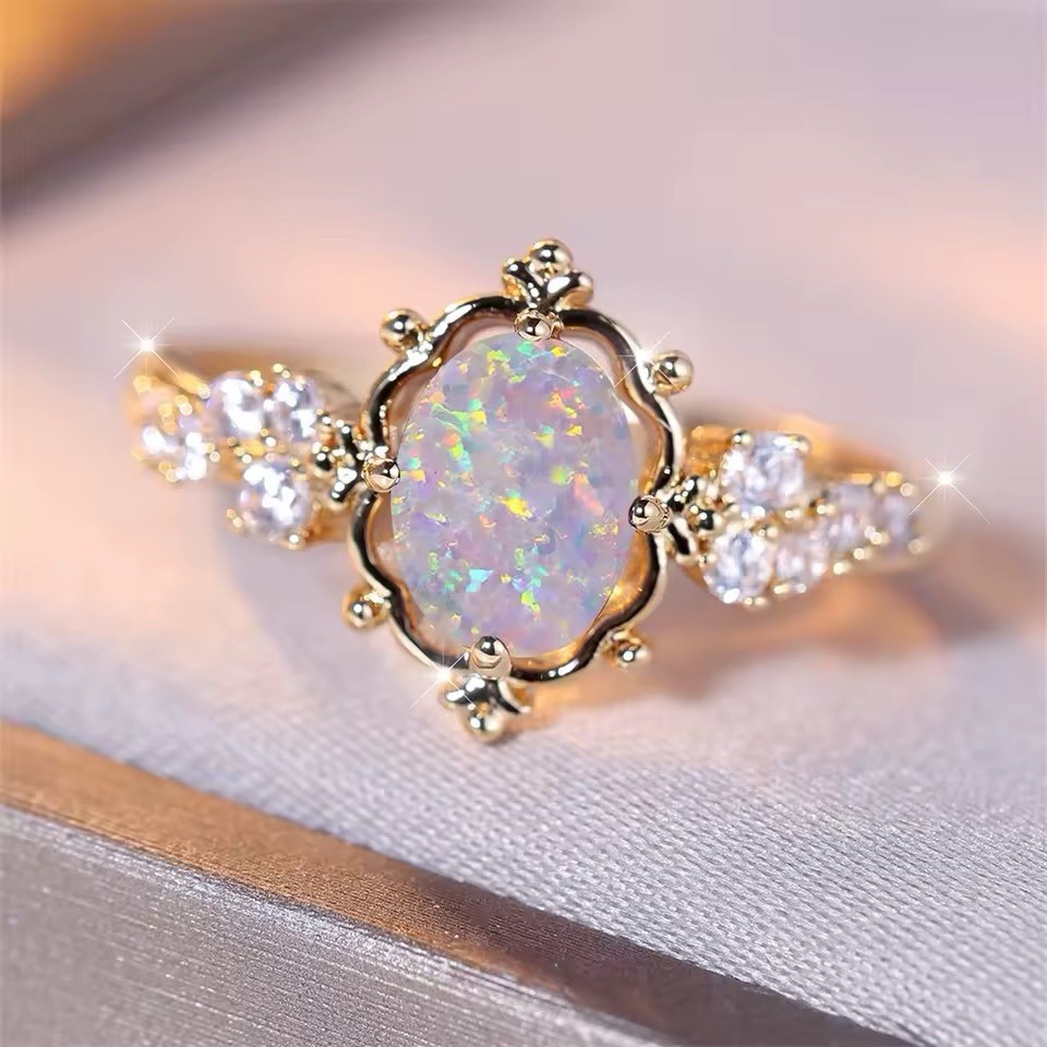 Genuine Opal Engagement Ring Sterling Gold Wedding Ring Size 6