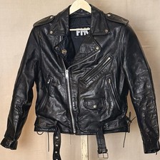 Vintage FMC Black Leather Motorcycle Jacket Men  s 42 Biker Eagle Design Belted