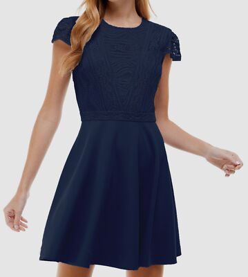 City Studio Womens Juniors Lace Short Fit & Flare Dress Navy 9 City Studio Womens Juniors Lace Short Fit & Flare Dress Navy 9