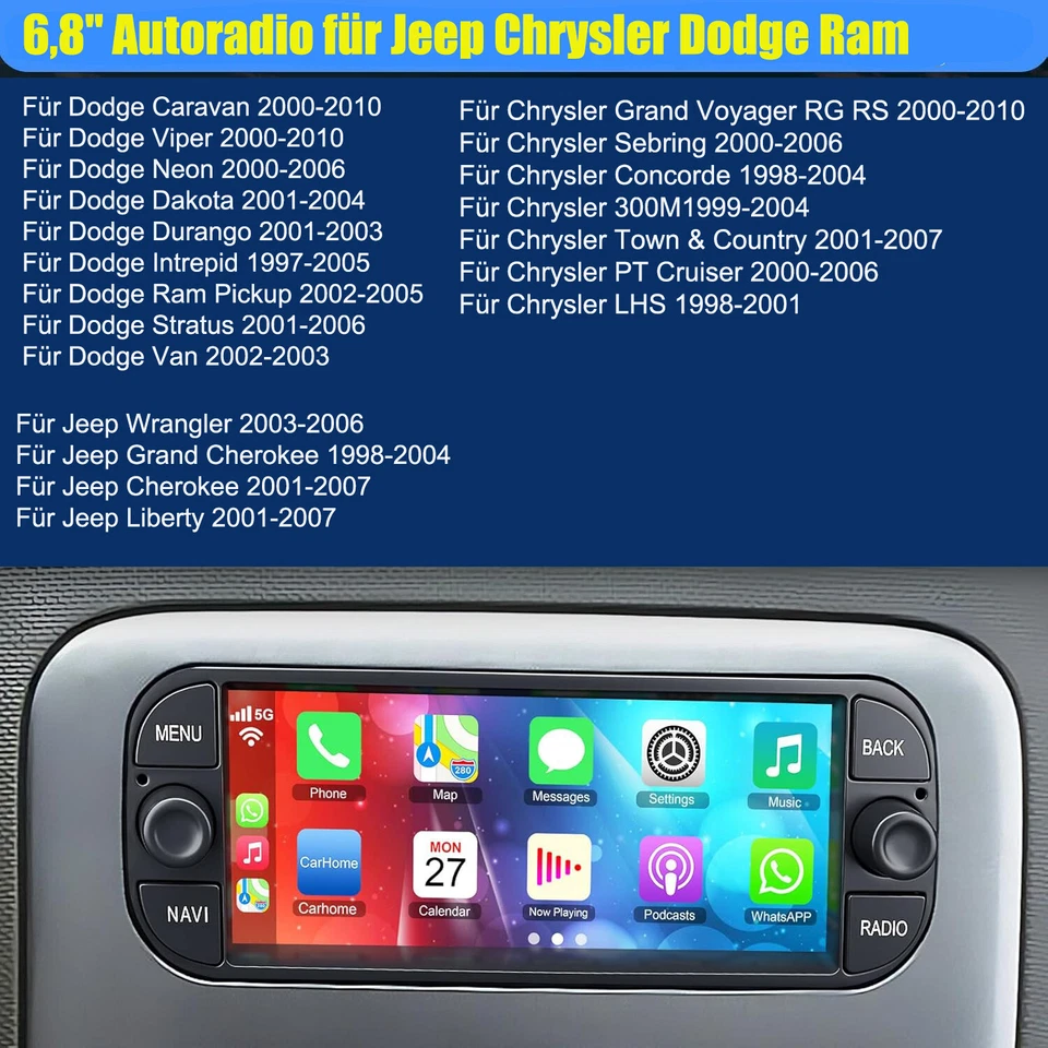 6,8" 32G Carplay Android 14 Autoradio GPS Wifi für Chrysler Jeep Dodge 1998-2010 - Bild 4 von 4