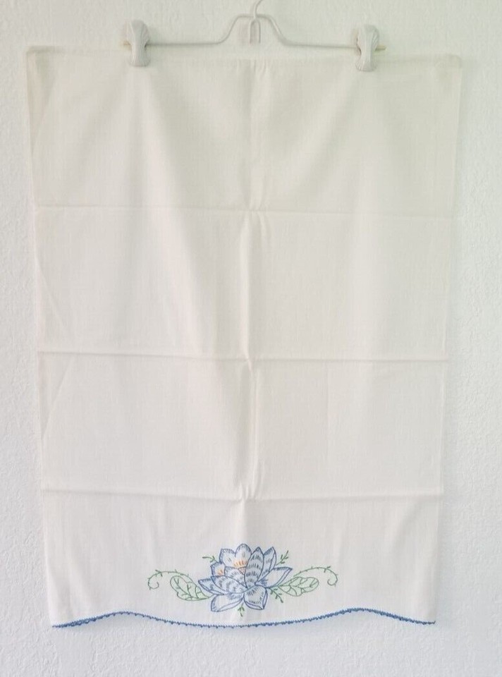 Vintage Pair of Cotton Pillowcases w Embroidered Blue Water Lily