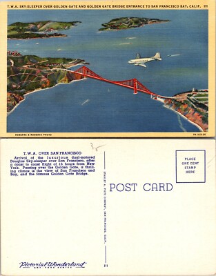 TWA Sky Sleeper Over Golden Gate Bridge San Francisco Postcard
