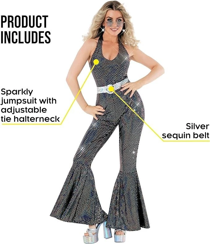 Mujer Disco Reina Disfraz Años 70 Baile Diva Go Go Niña Mono Halloween XS-3XL Foto 2 de 4