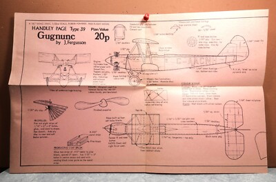 HANDLEY PAGE TYPE 39 GUGNUNC BALSA FREE FLIGHT MODEL AIRPLANE PLANS 15'' WINGSPAN