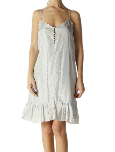 BCBG Maxazria grau hellrosa Öse Seide Knopfkleid Spaghettiriemen Gr. S neu mit Etikett