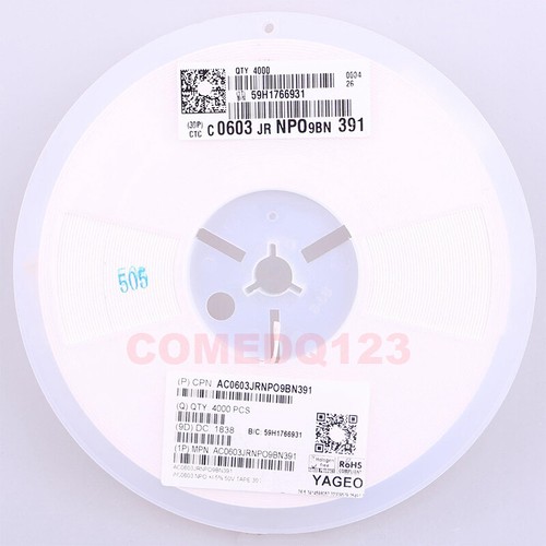 4000PCS/Reel 0603 390pF 50V NPO/C0G ±5 AC0603JRNPO9BN391 YAGEO