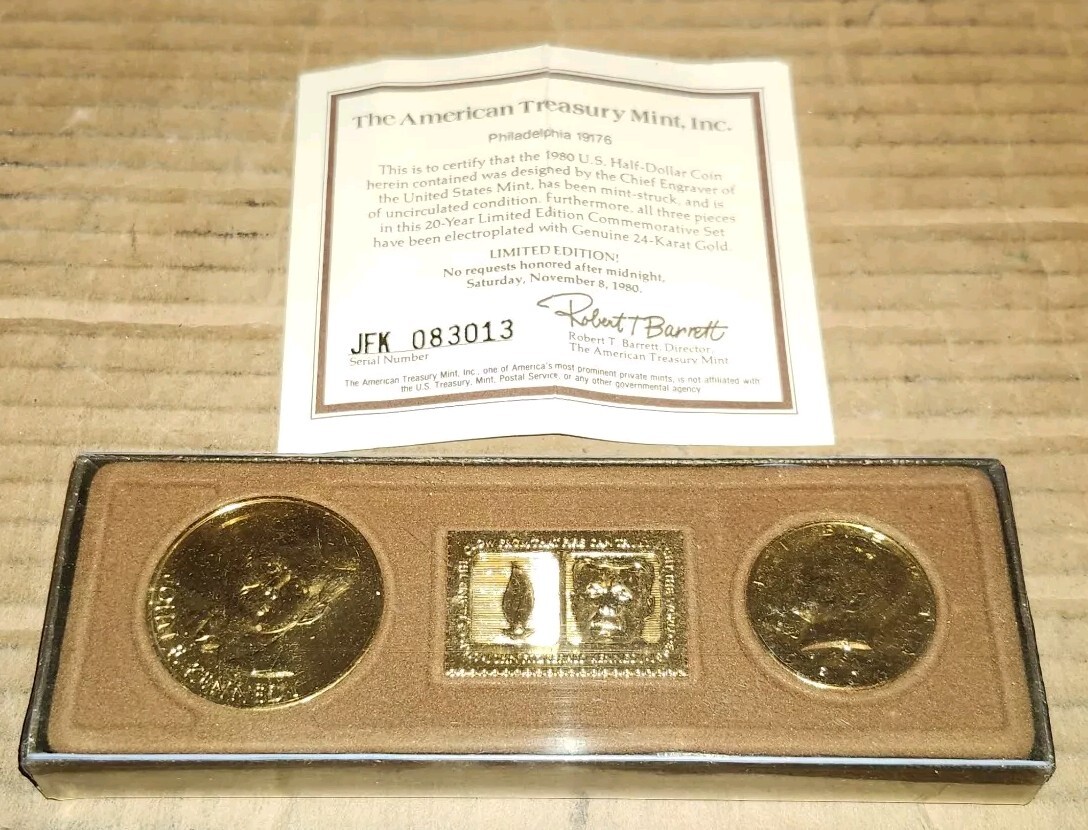 1980 Gold Plated John F. Kennedy Coin Set Half Dollar 3pc In