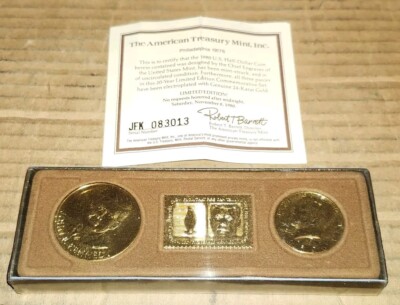 1980 Gold Plated John F. Kennedy Coin Set Half Dollar 3pc In Case