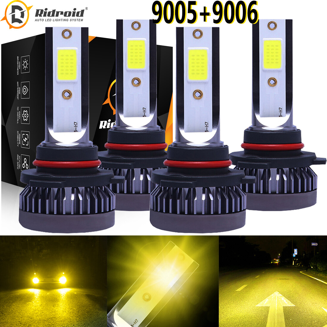 9005 9006 LED Headlights Kit Combo Bulbs High Low Beam 3000K Super Yellow Bright
