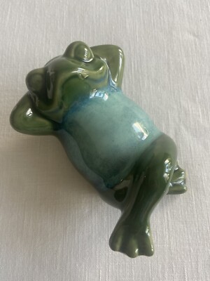 Ceramic Frog Figurine Lounging Basking Sun Chill Zen Green Blue Belly Small Y2K