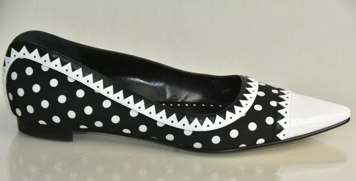 NEW Manolo Blahnik Satin Patent Leather Dot Black White Polka Dot Flats Shoes 41