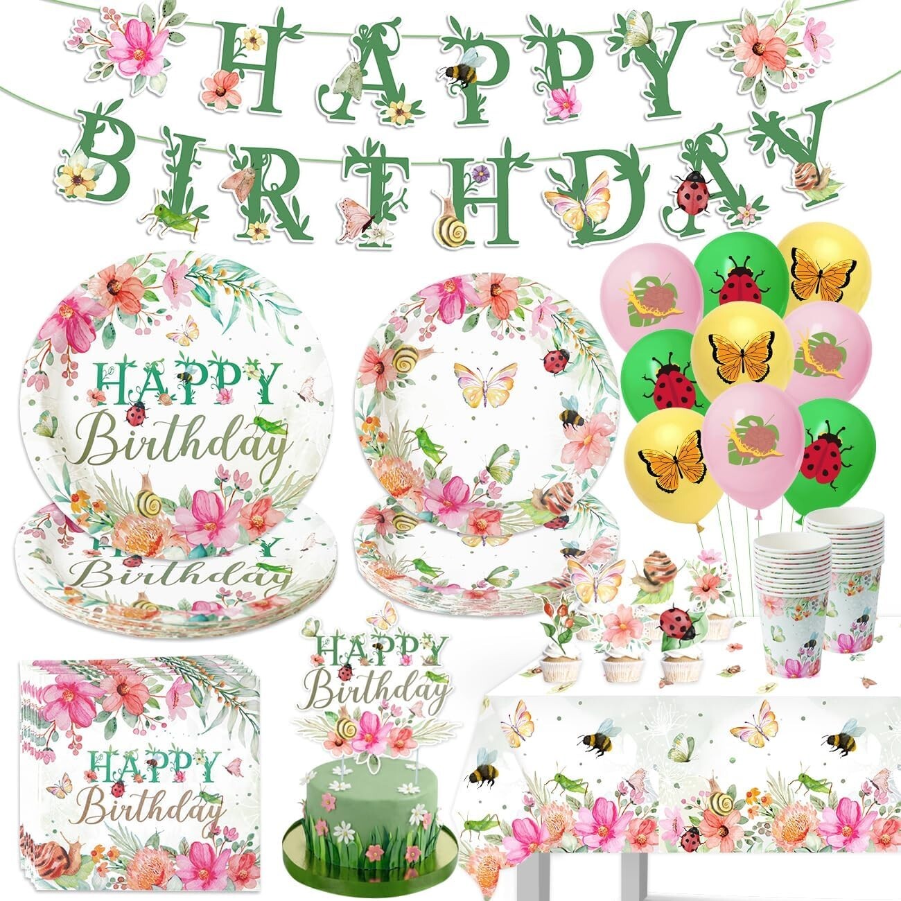Floral Birthday Party Disposable Tableware & Decorations Set - Multicolor