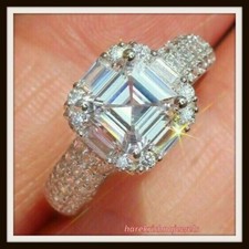 3CT Asscher Cut Lab-Created Diamond Engagement Wedding Ring 14K White Gold Over