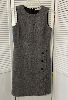 Loft Womens Dress Sz 0 Black White Sleeveless Sheath Button Ruffle Stretch NWT