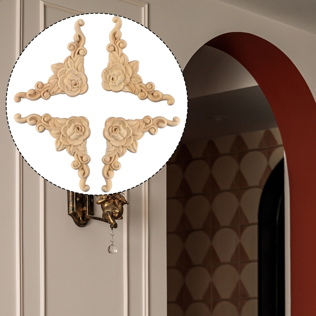 Lot De 4 Appliques Décoratives En Bois Sculpté, Motif Fleur, 10x10 Cm, Style Art Déco - Neuf