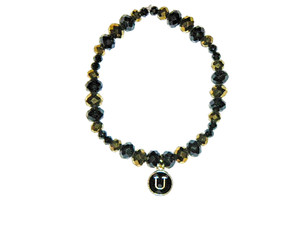 INITIAL "U" CHARM (BLACK) BEADED BRACELET (7 3/4"):  HAND-MADE JEWELRY BY T.L.C.