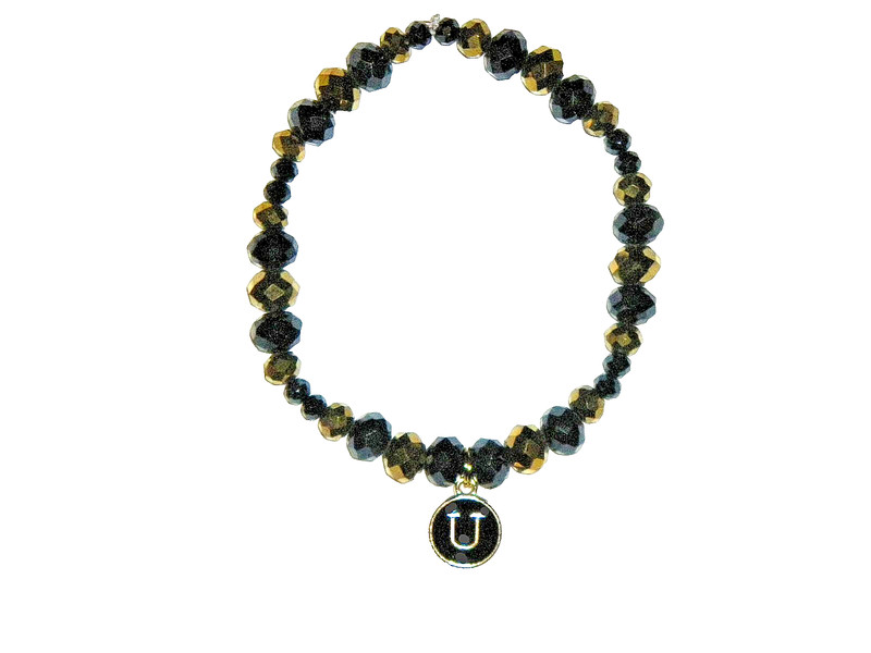 INITIAL "U" CHARM (BLACK) BEADED BRACELET (7 3/4"):  HAND-MADE JEWELRY BY T.L.C.