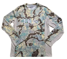 Huk Performance Fishing Shirt Mens S Green Gray Camo Crewneck Long Sleeve