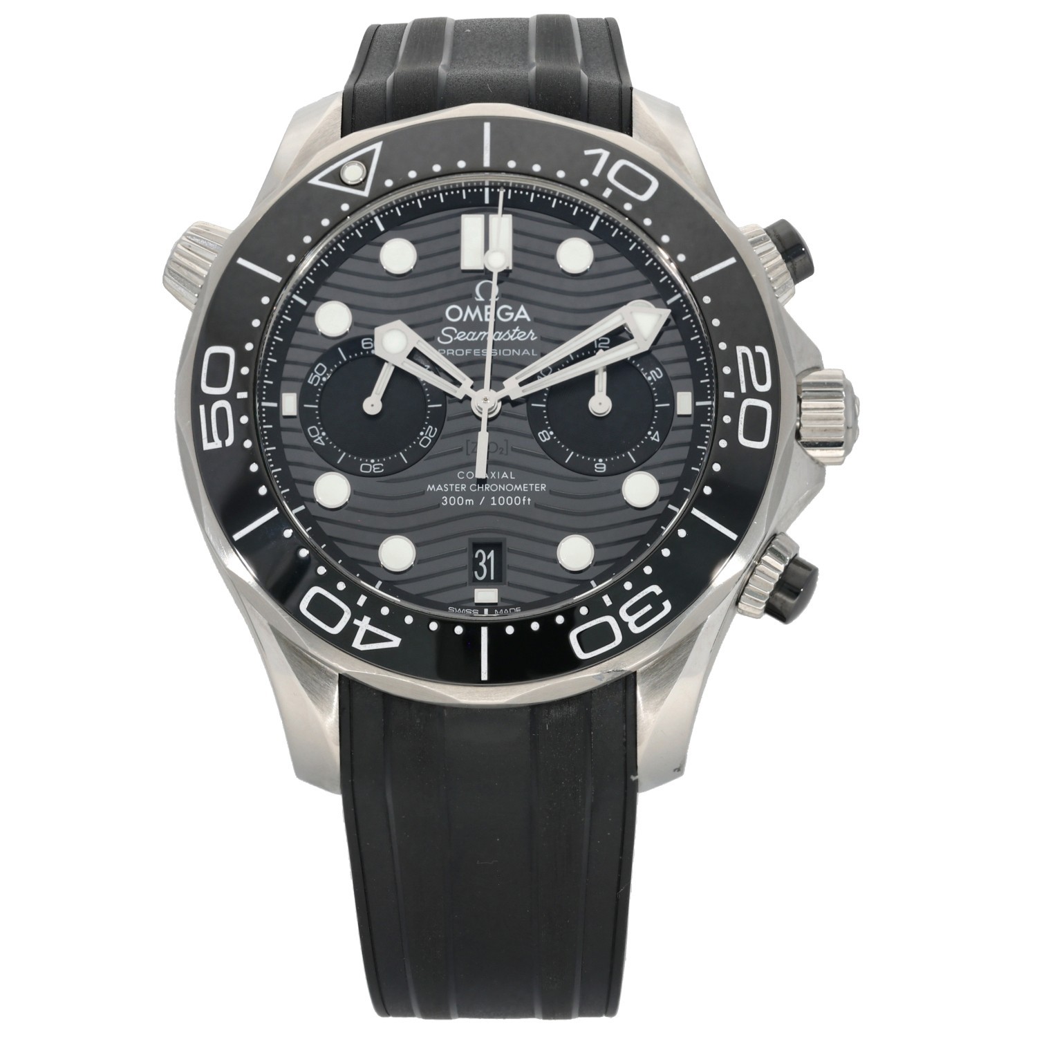 Omega Seamaster Diver Steel Watch 44mm Case Black Dial Adjustable Rubber Strap