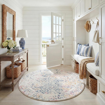 Tulum Collection Area Rug - 6'7'' Round, Ivory & Dark Blue, Moroccan Boho Distres
