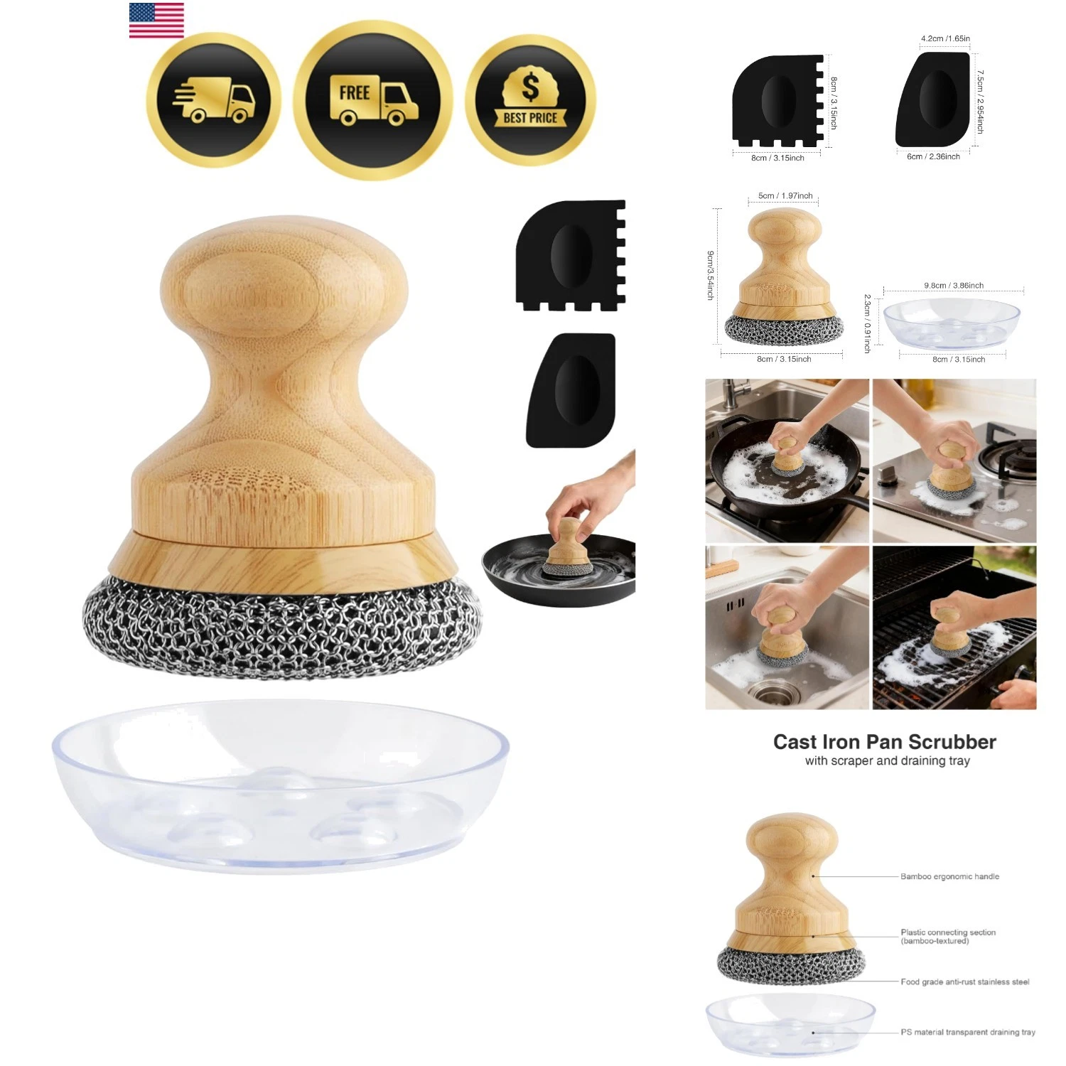 Cast Iron Scrubber and Scraper,Chain Mail Cleaner with Bamboo Handle & Draini...