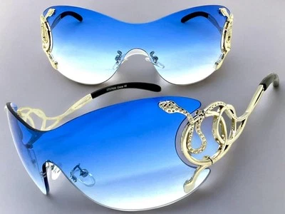 Surdimensionné Chic Élégant Moderne Drapé Bouclier Argenté Cadre Verre Bleu - Photo 1/4