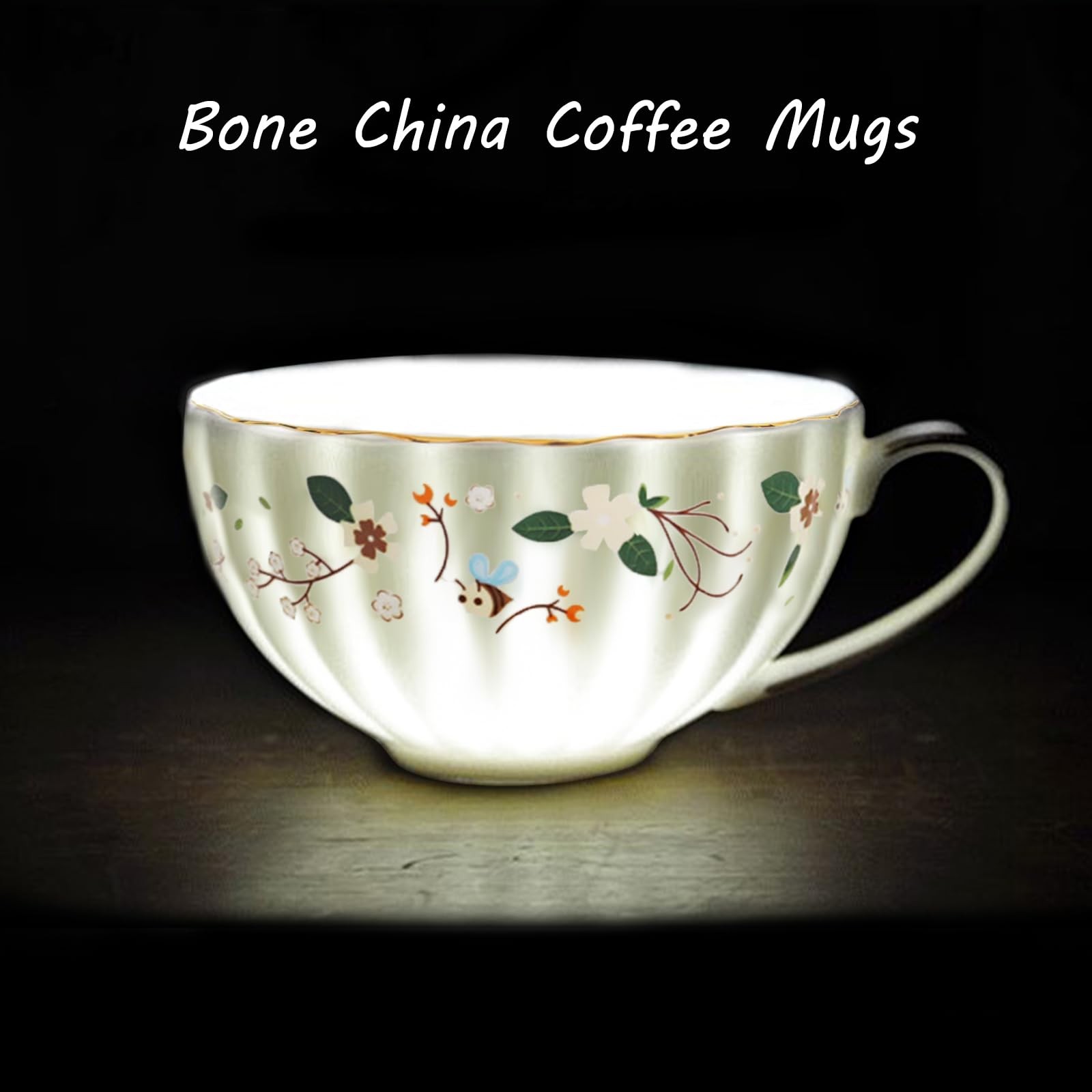 Flower Bee Tea cups and Saucers, Coffee Bone China Mug 1 Set with Beautiful