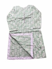 Women  s Green Floral Printed Cotton Kurta/Kurti Tunic Top Long Sleeve
