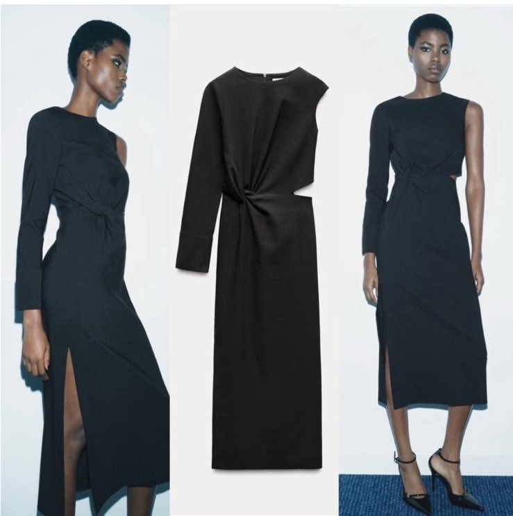 Zara Black Cut Out Midi Dress cotton blend one long sleeve Pleated ZW sz  M NWT