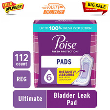 Poise Incontinence Pads for Women, 6 Drop Ultimate Absorbency, Regular, 112Count
