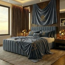 Image of OTTOMAN STORAGE BED PANEL PLUSH VELVET UPHOLSTERED BED FRAME- MEMORY MATTRESS