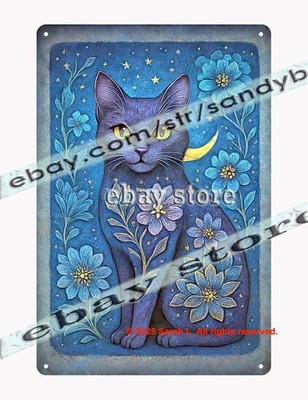 Metal Sign Floral Moon Cat Midnight Art fantasy lodge cafe pub