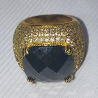 Gold Plated Cocktail Ring Large Round Black Stone Clear Crystals — photo 1