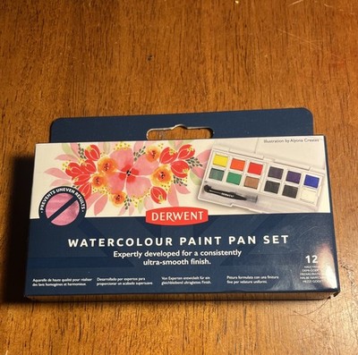 New Derwent Artist Quality Watercolor Paint Pan Set of 12 Colours Made In UK