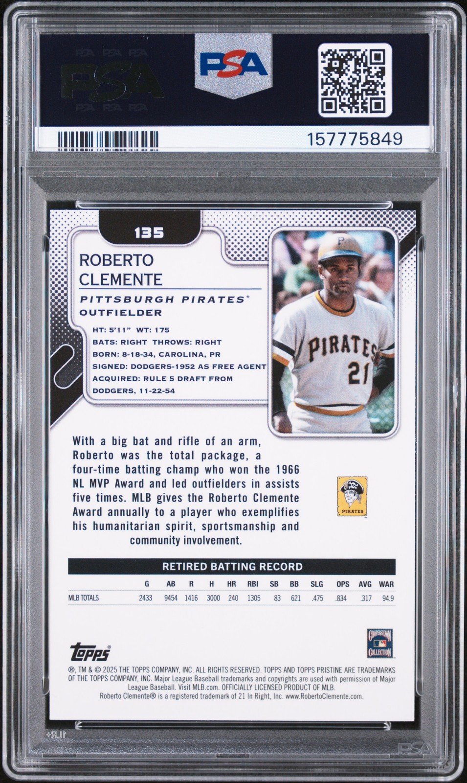 2025 TOPPS PRISTINE PURPLE REFRACTOR #135 ROBERTO CLEMENTE 77/99 PSA 10 view 2